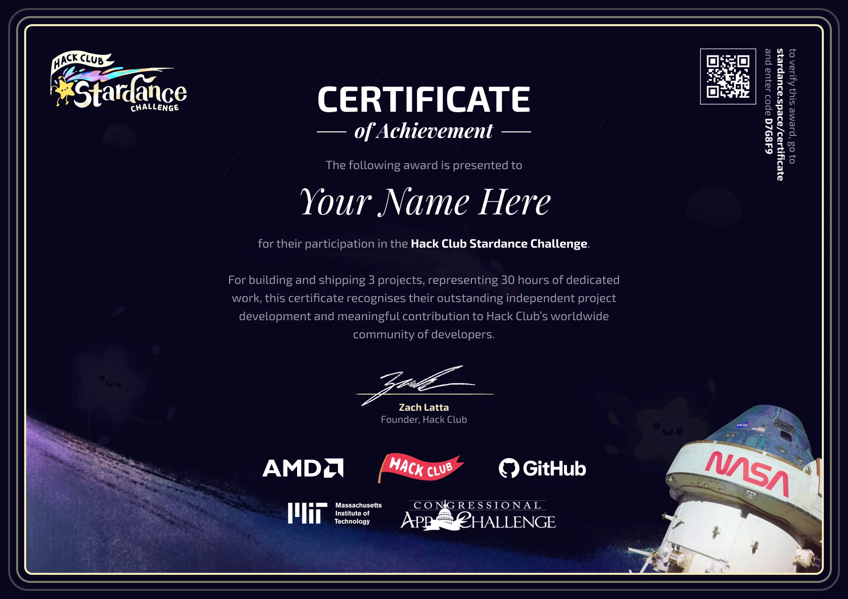 A Stardance Certificate of Achievement