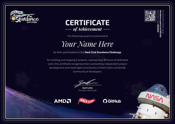 A Stardance Certificate of Achievement